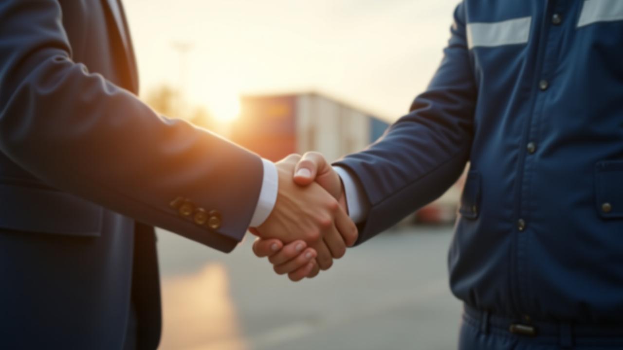Logistics professional shaking hands with a truck driver, representing reliable brokerage partnership