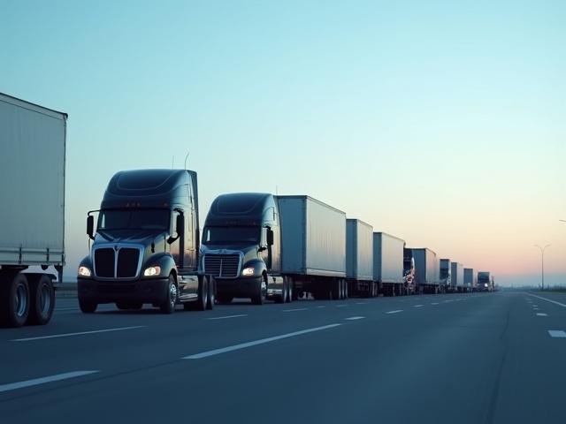 Group of modern logistics trucks at sunset, showcasing fleet diversity