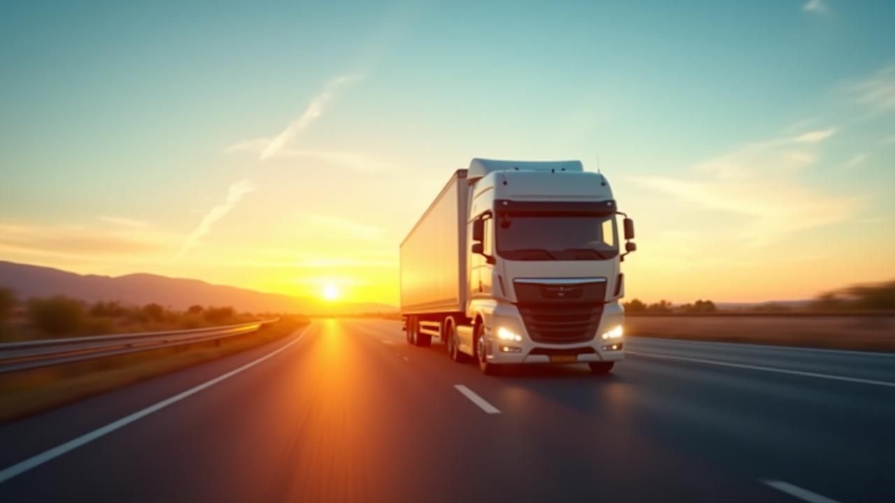 Modern logistics truck traveling on an open highway at sunrise