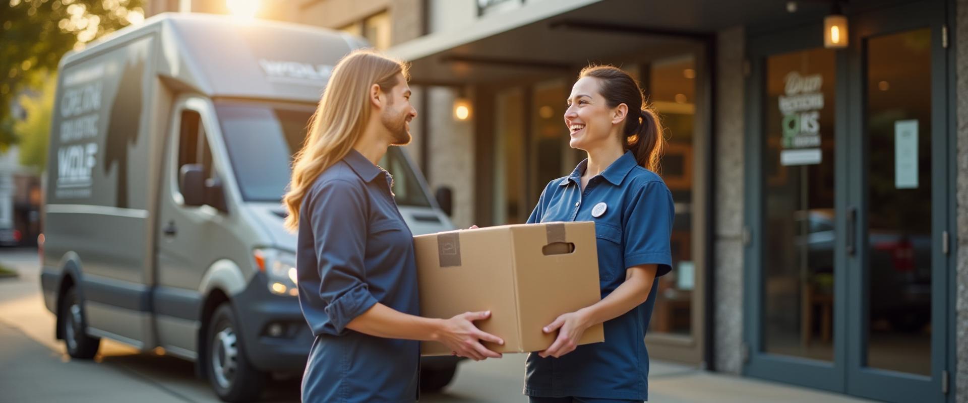 Professional delivery driver handing a package to a business owner outside a storefront in Irving, TX