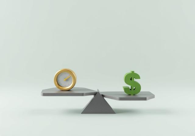 Abstract graphic showing a mechanical scale balancing the concepts of Speed and Cost with precision gears