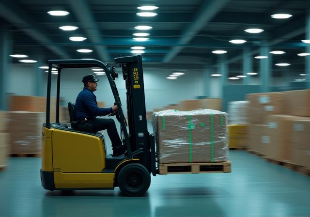 Electric forklift operater moving pallets in a high-efficiency distribution center